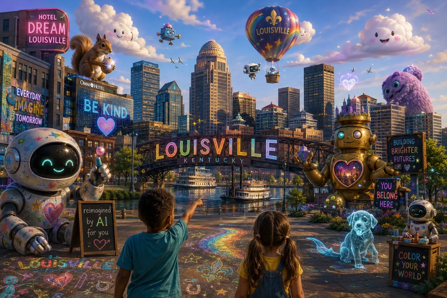 An imaginative Louisville skyline where kids, friendly robots, art, and technology share the city