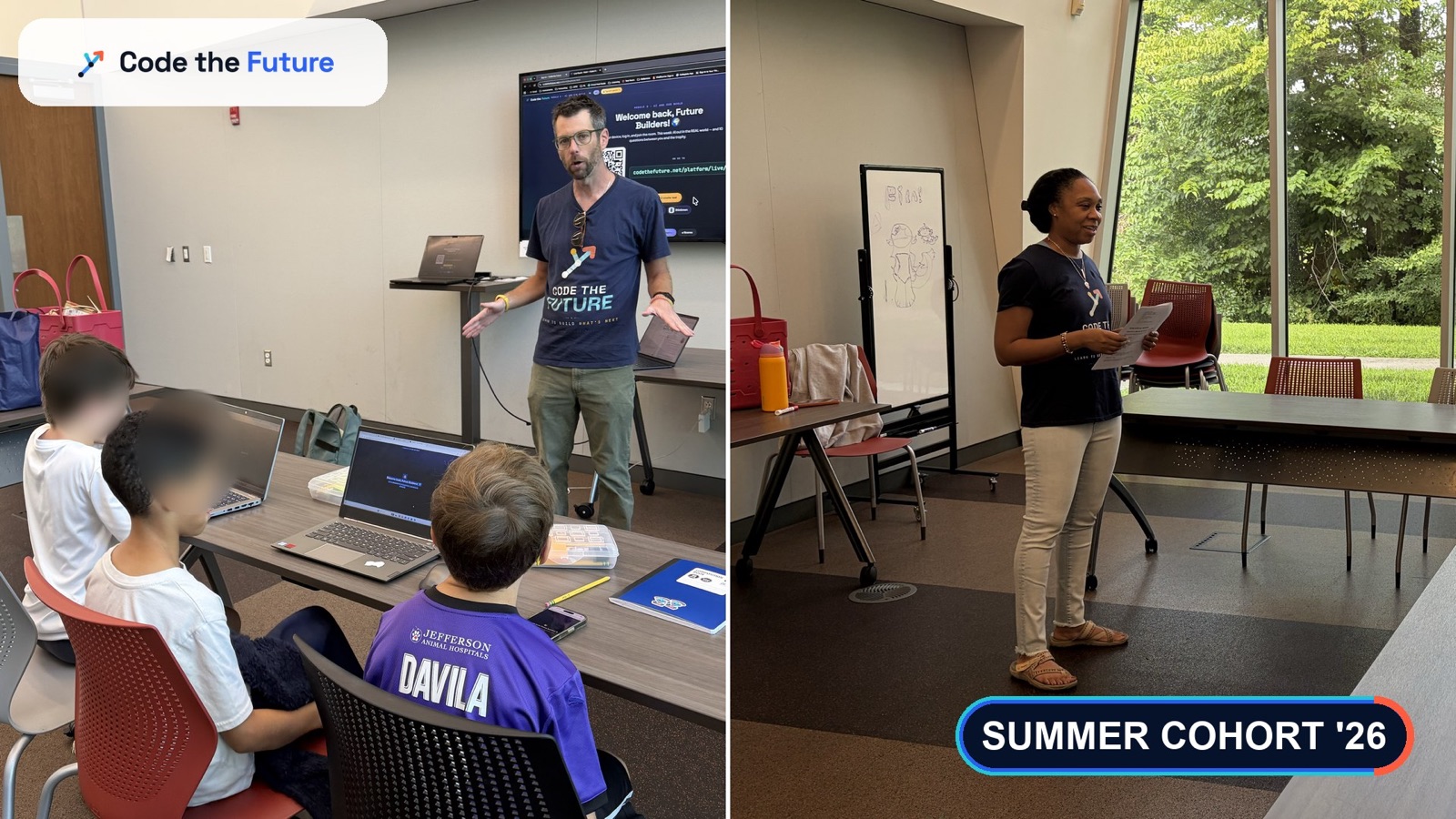 Coaches Jon and Kenya leading a live Code the Future session at the library — Summer Cohort '26