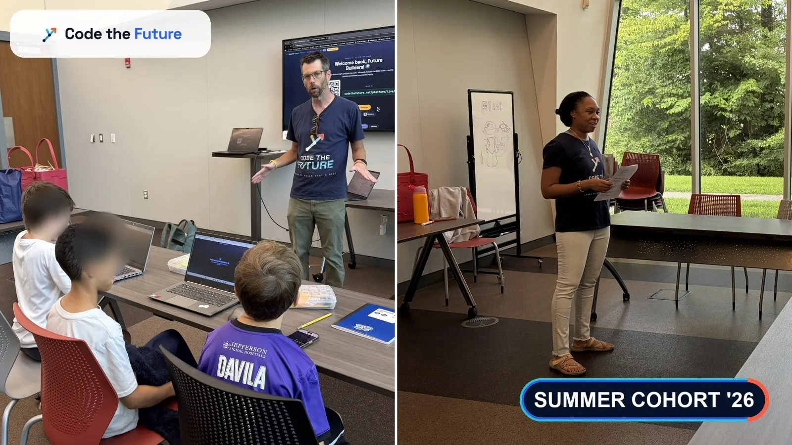Code the Future co-founders leading the Summer 2026 cohort in a Louisville library classroom