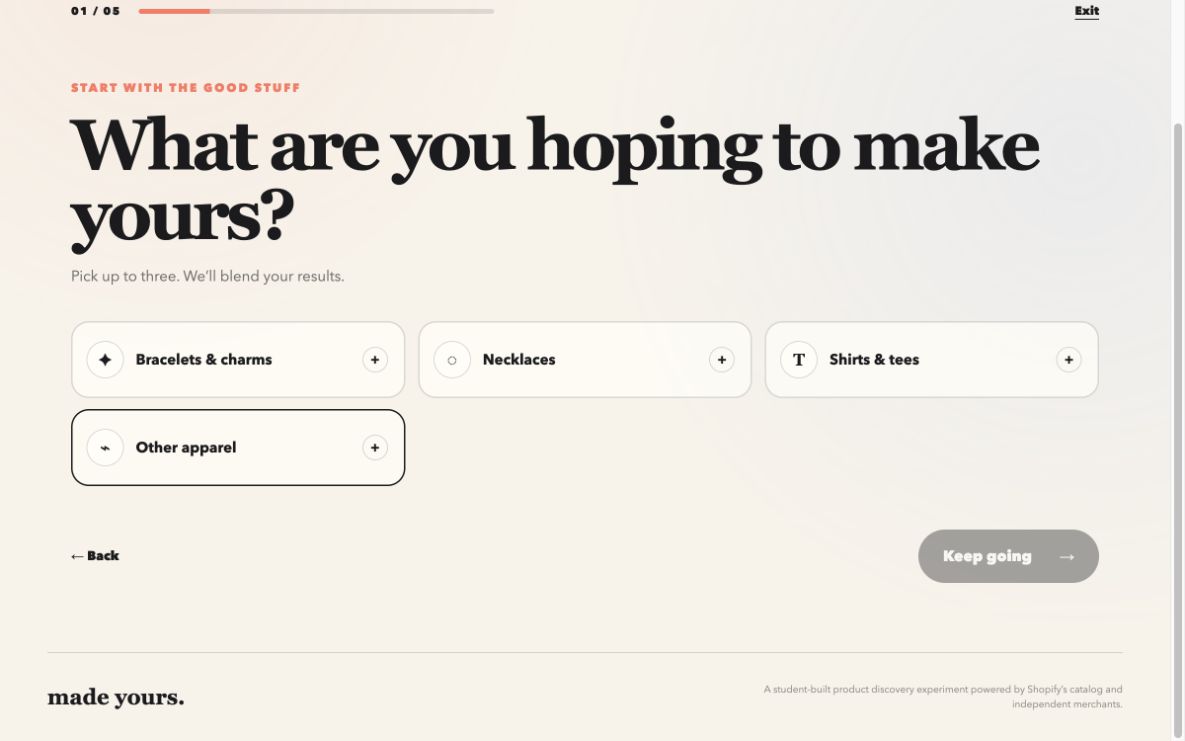 A personalized online shopping experience asking which kinds of products the shopper wants to discover