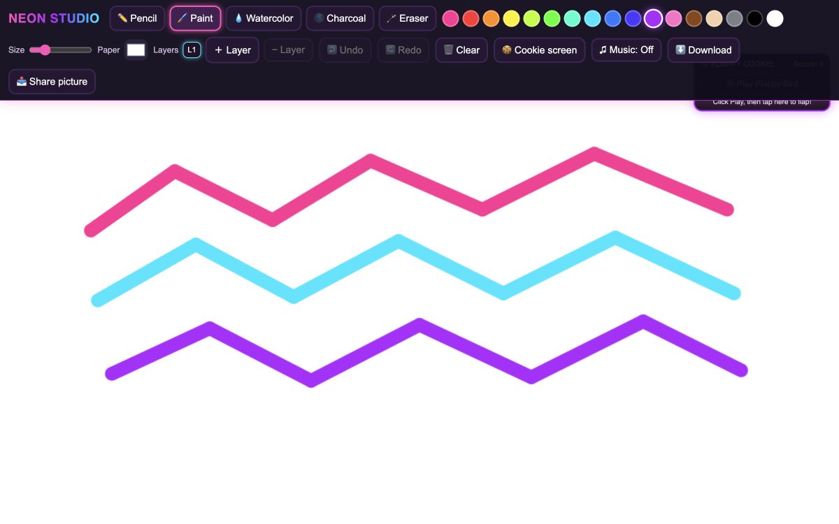 A colorful browser art studio with paint tools, layers, a neon palette, and a drawing canvas
