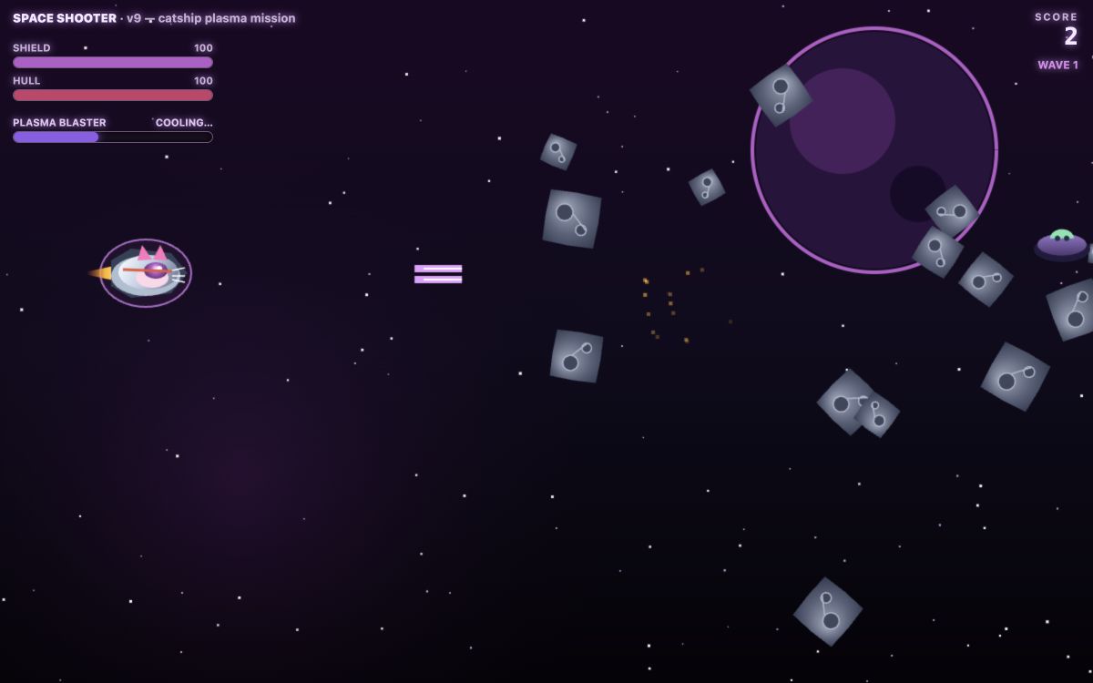 A space arcade game with a custom cat-shaped ship, shields, scoring, asteroids, and alien ships