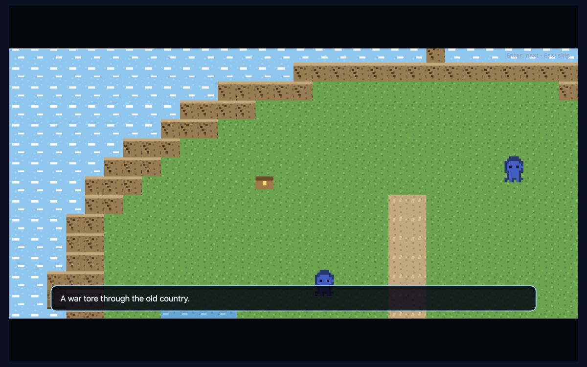 A pixel adventure showing an explorable world, original characters, and a story scene